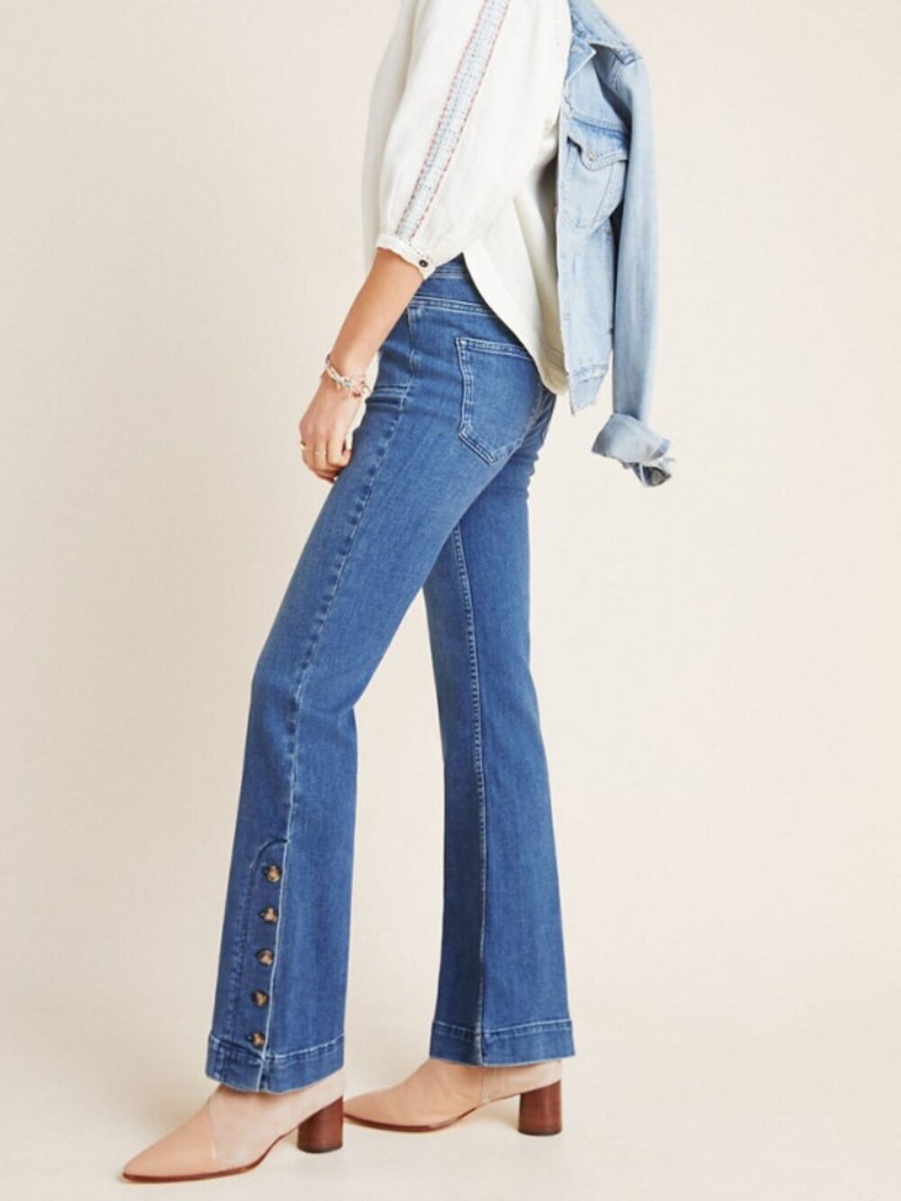 Anthropologie Pilcro High Rise Bootcut Jeans 31 Blue Button Hem Pockets Boho